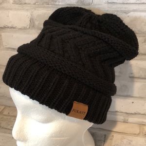 Pukavt black acrylic knit winter hat hole for pony tail at top beanie